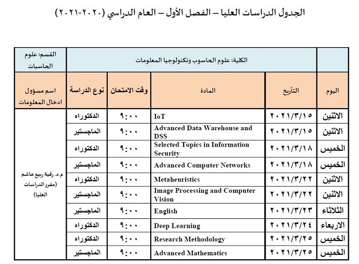 جدول امتحانات الدراسات العليا – الفصل الأول – العام الدراسي (2020-2021) 